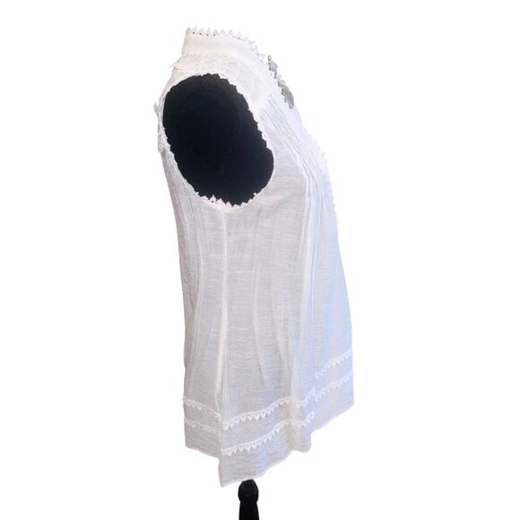 Anthropologie Blue Pepper Sleeveless White Boho Tunic Top Lace Mandarin Collar C - Picture 5 of 11
